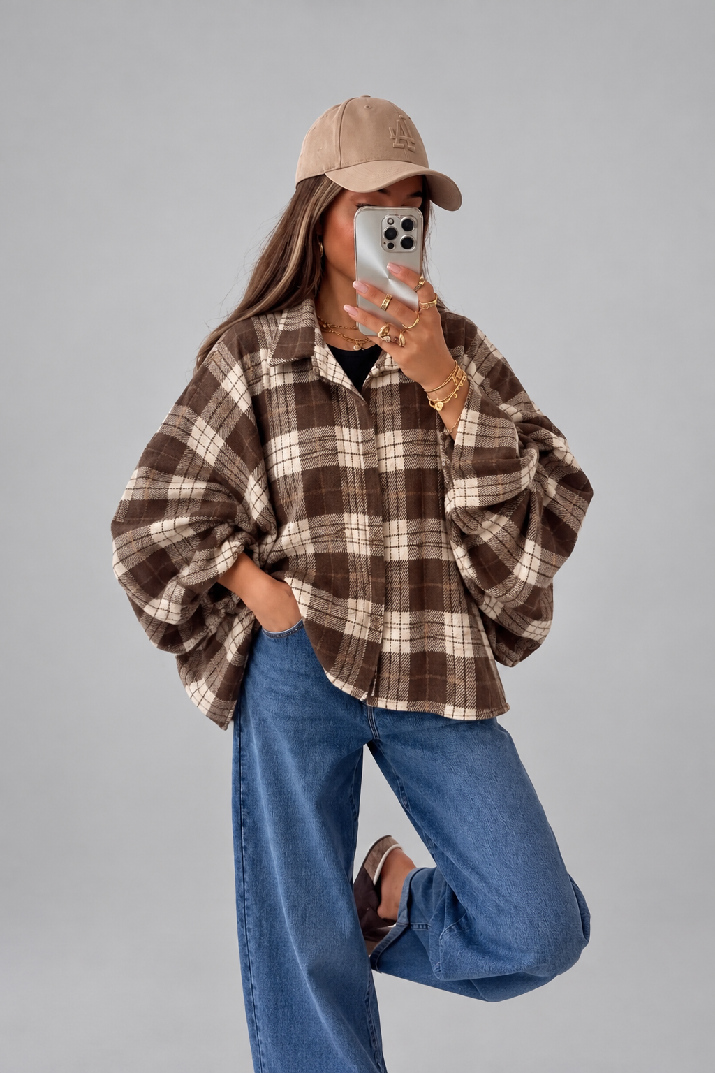 Oversized Geruite blouse - Bruin/Creme