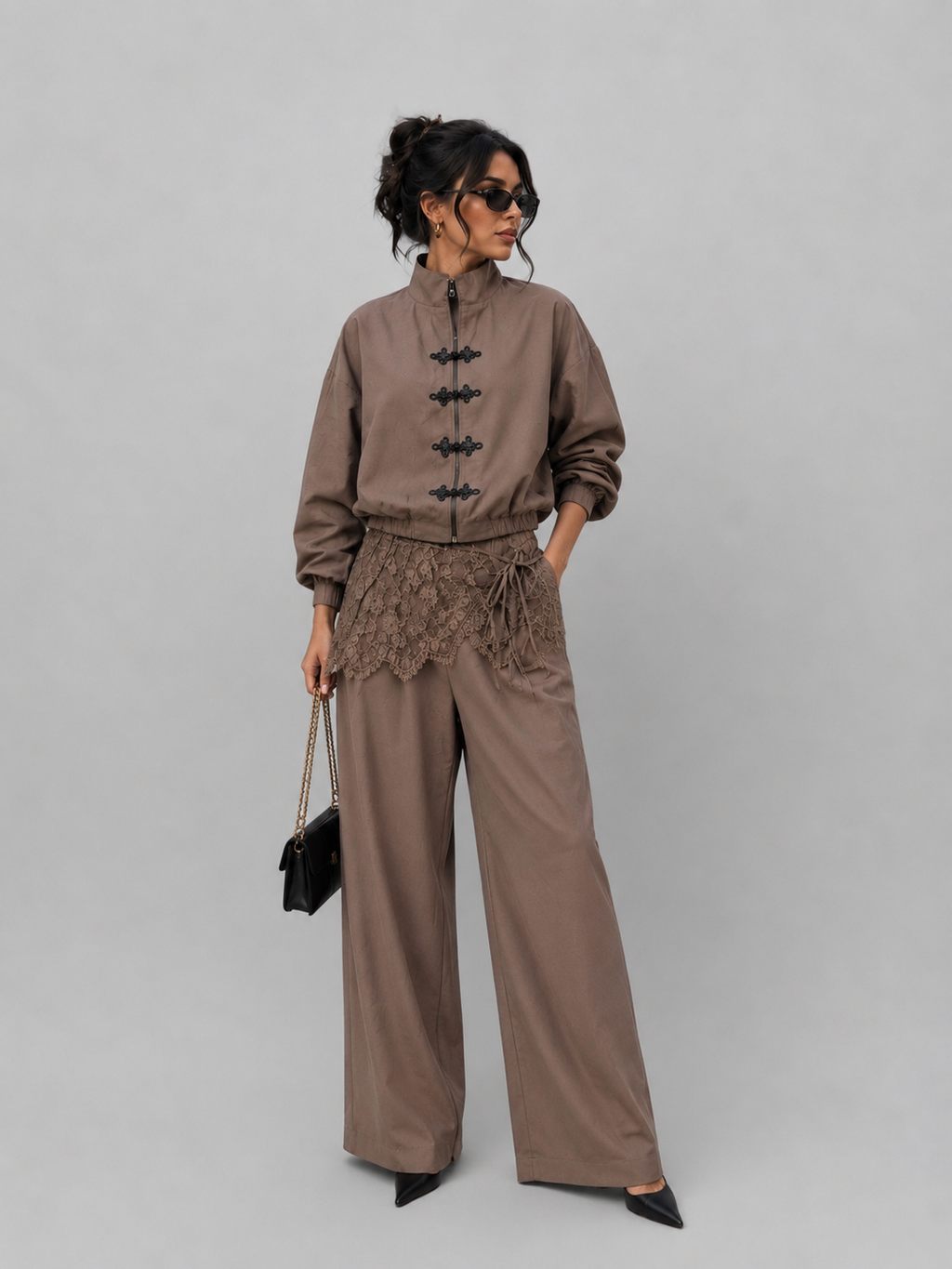 Demi Pantalon - Taupe met kanten sjaaltje