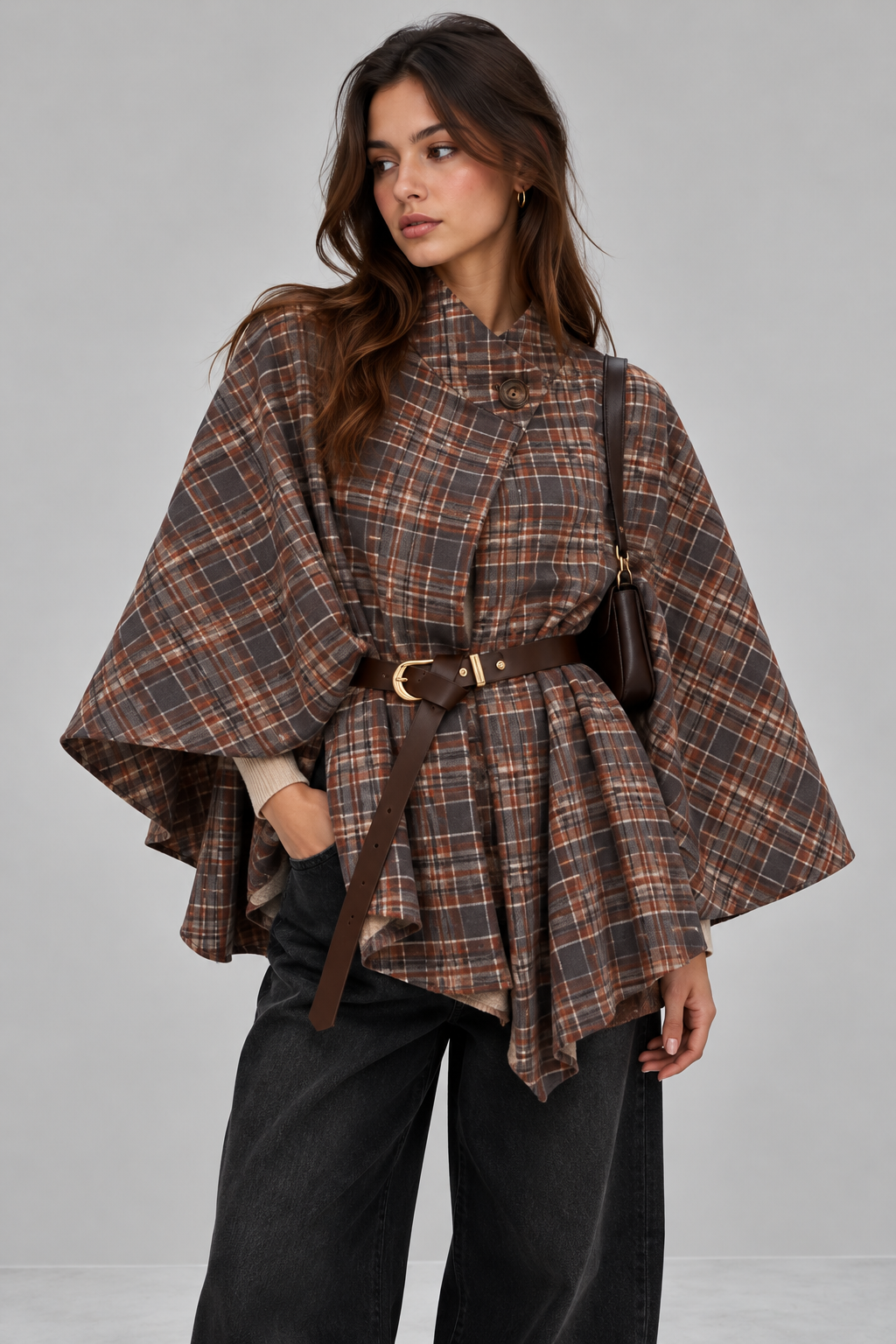 Geruite poncho - Taupe/bruin - Camel