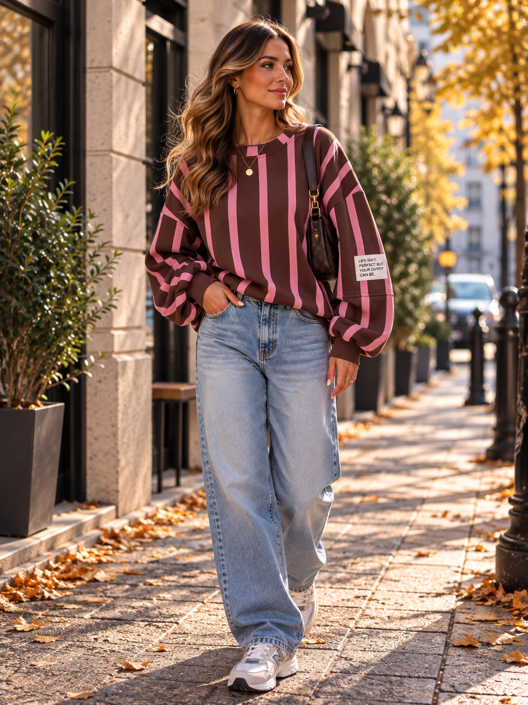 Life Isn’t Perfect But Your Outfit Can Be – Gestreepte Sweater Chocoladebruin & Roze