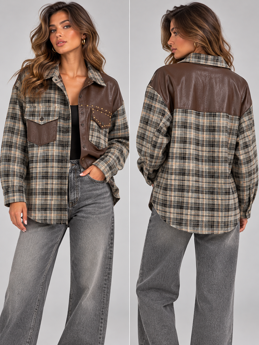 Oversized Plaid Leather blouse bruin