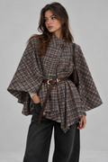 Geruite poncho - Taupe Bruin