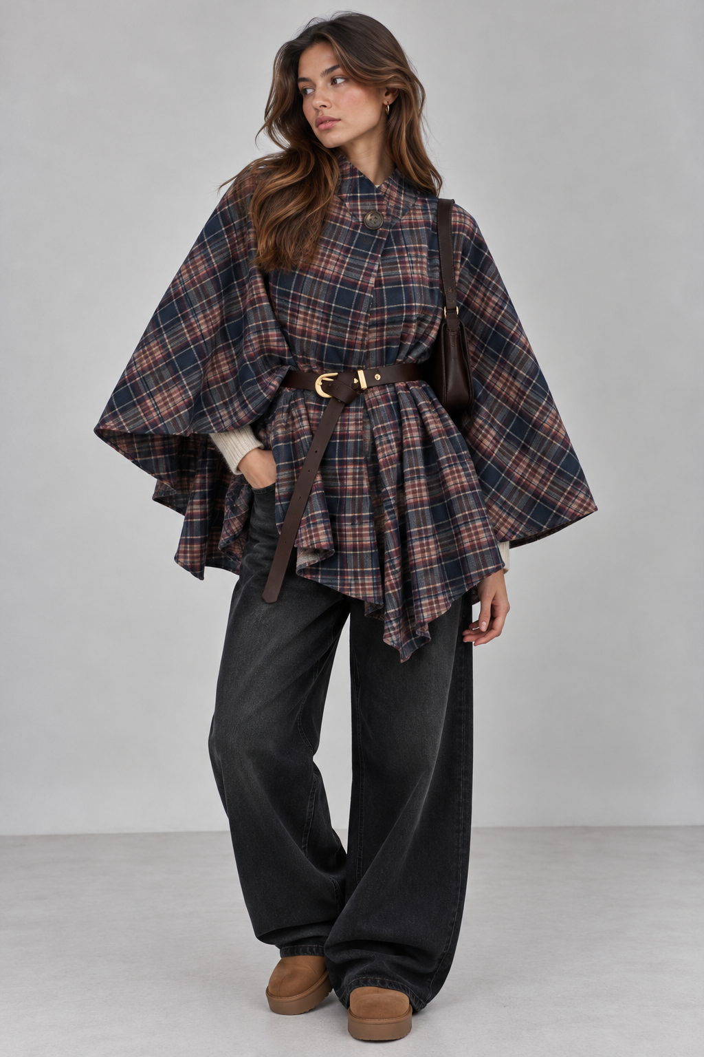 Geruite poncho - Navy blauw - Bordeaux