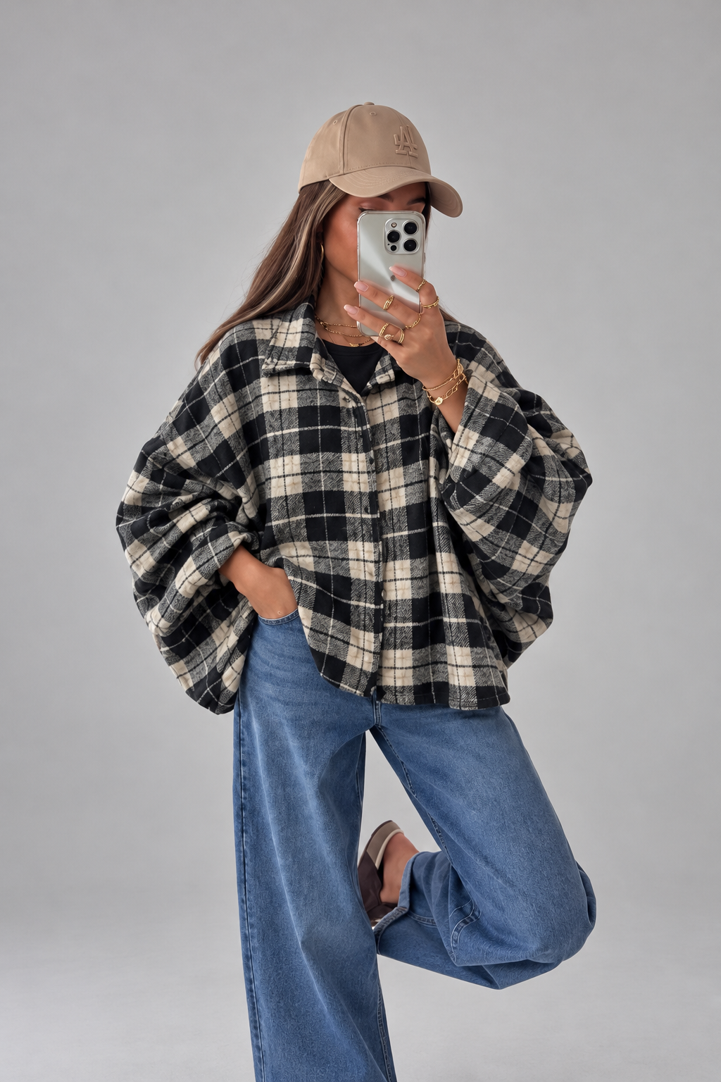 Oversized geruite Blouse- Zwart/créme