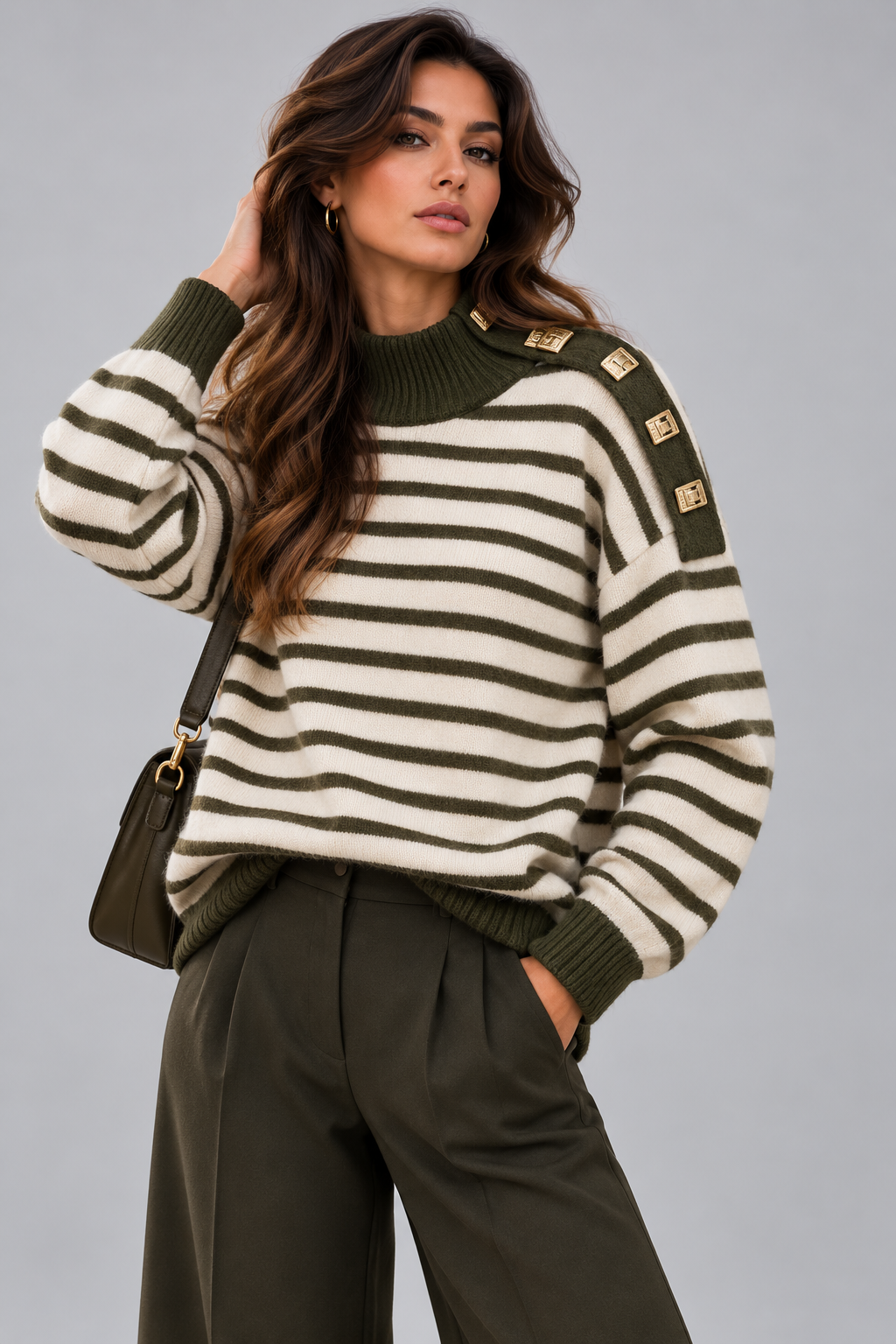 Gestreepte Sweater met Gouden Detail - Groen